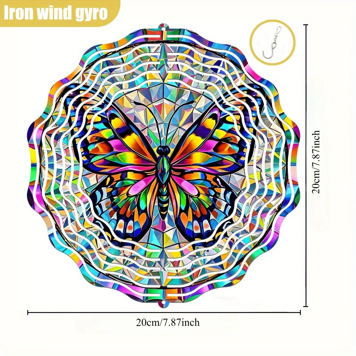 1pc 3D Stained-Glass-Style Butterfly Wind Chime with 360° Rotating Hooks - Vibrant Mosaic Iron Wind Spinner for Garden, Wedding