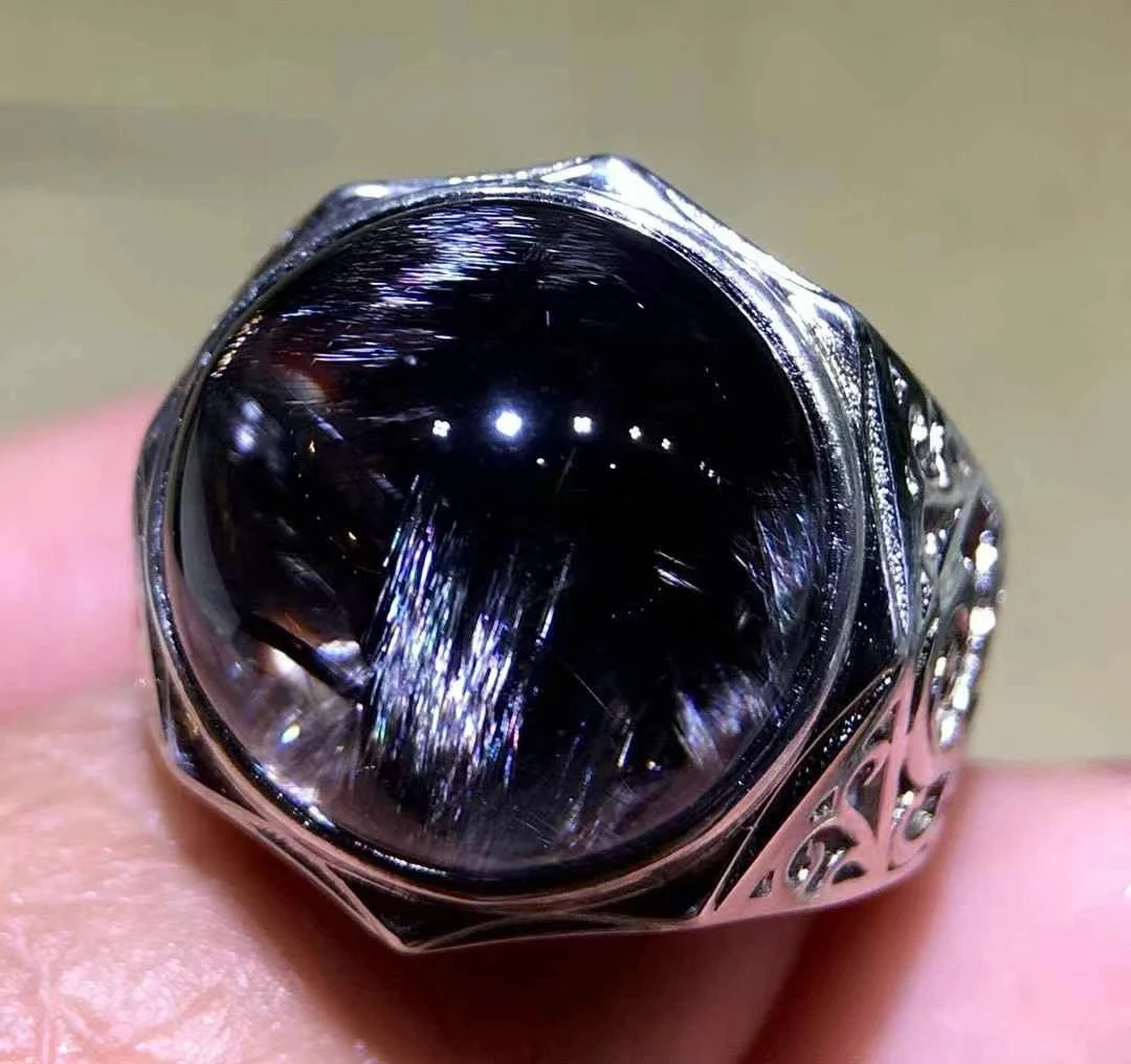 

Natural Brookite Platinum Rutilated Quartz Ring Oval 925 Sterling Silver 15.8/15.8/12mm Woman Men Water Drop Lucky AAAAA