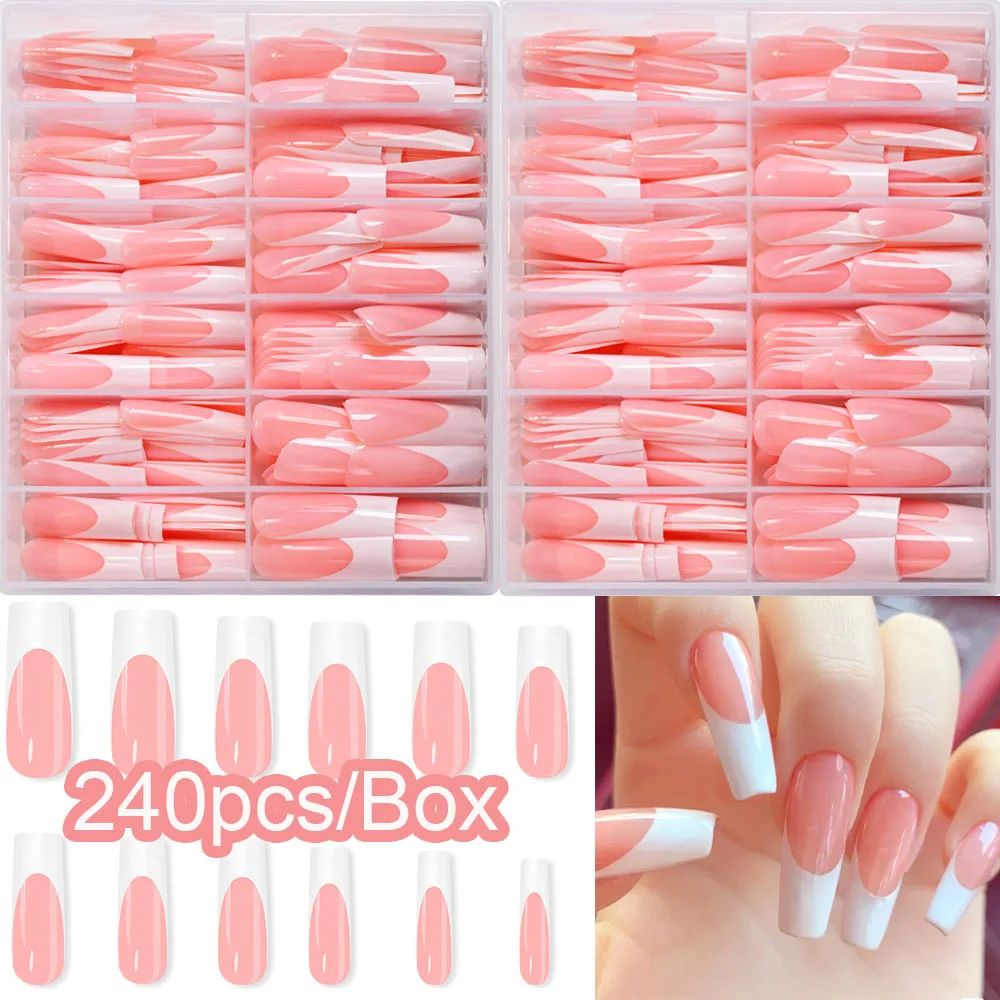 

240pcs/Box Pink French Press On Nails Tips For Women Long Square Ballet Coffin Shape Fake Nails Full Cover High Gloss French Tip