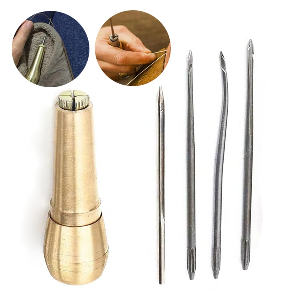 Copper Awl Shoe Repair Tool Pure Copper Handle With 4 Needles Replaceable DIY Sewing Hand Stitcher Craft Awl Hole Leather Tools