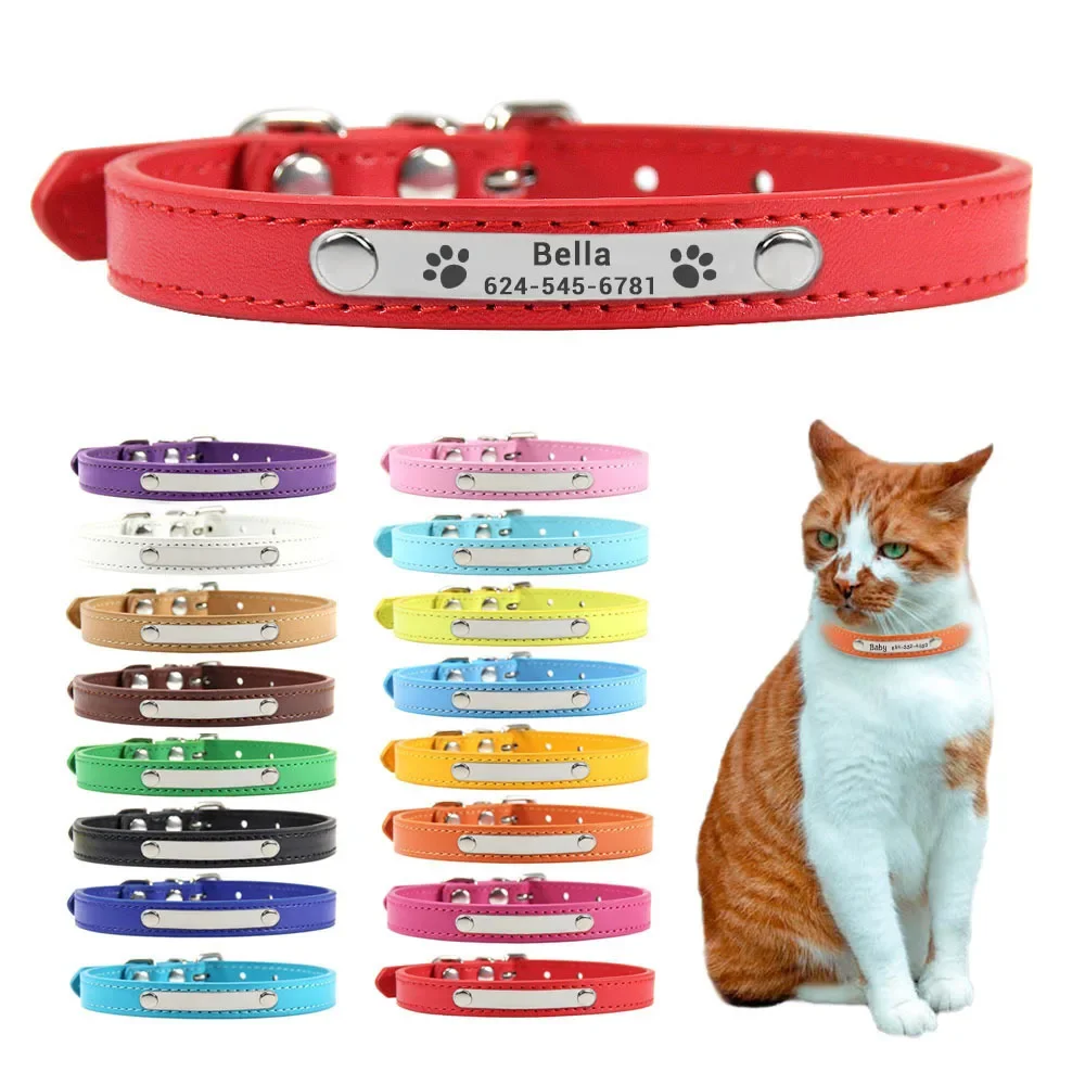 Collar de piel sintética para gato, accesorio personalizado con grabado de nombre de identificación para mascota, accesorio para cachorro y perro