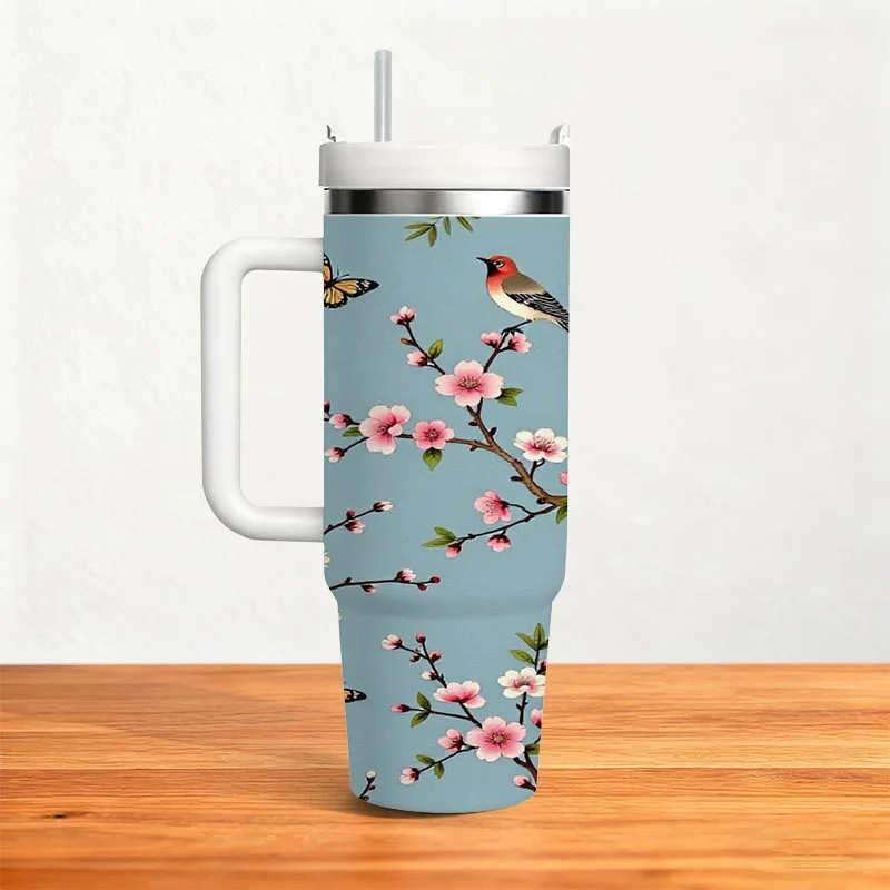 Vaso Térmico de Acero Inoxidable de 40 oz, con Impresión Digital de Motivos Asiáticos Tradicionales con Linternas, Flores de Cerezo, Pájaros y Mariposas, Taza Térmica Reutilizable para Bebidas Frías y Calientes, Ideal para el Desplazamiento Diario, la Oficina y el Uso al Aire Libre