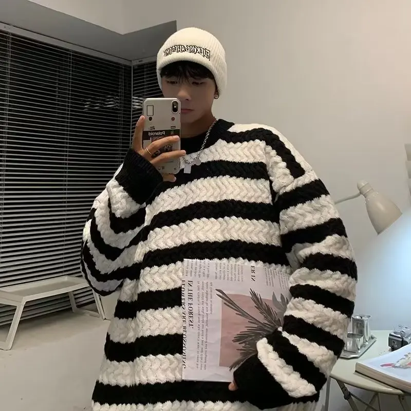 

Autumn Winter Large Size 300 Pou Hong Kong Sle INS Color Blo Striped Patchwork Men's Casual Knitted Sweater CEC Top