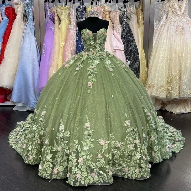 Boden langes grünes Ballkleid Quince anera Kleider Schatz 3d Blumen Brithday Tanz party Vestidos de Quinceañera