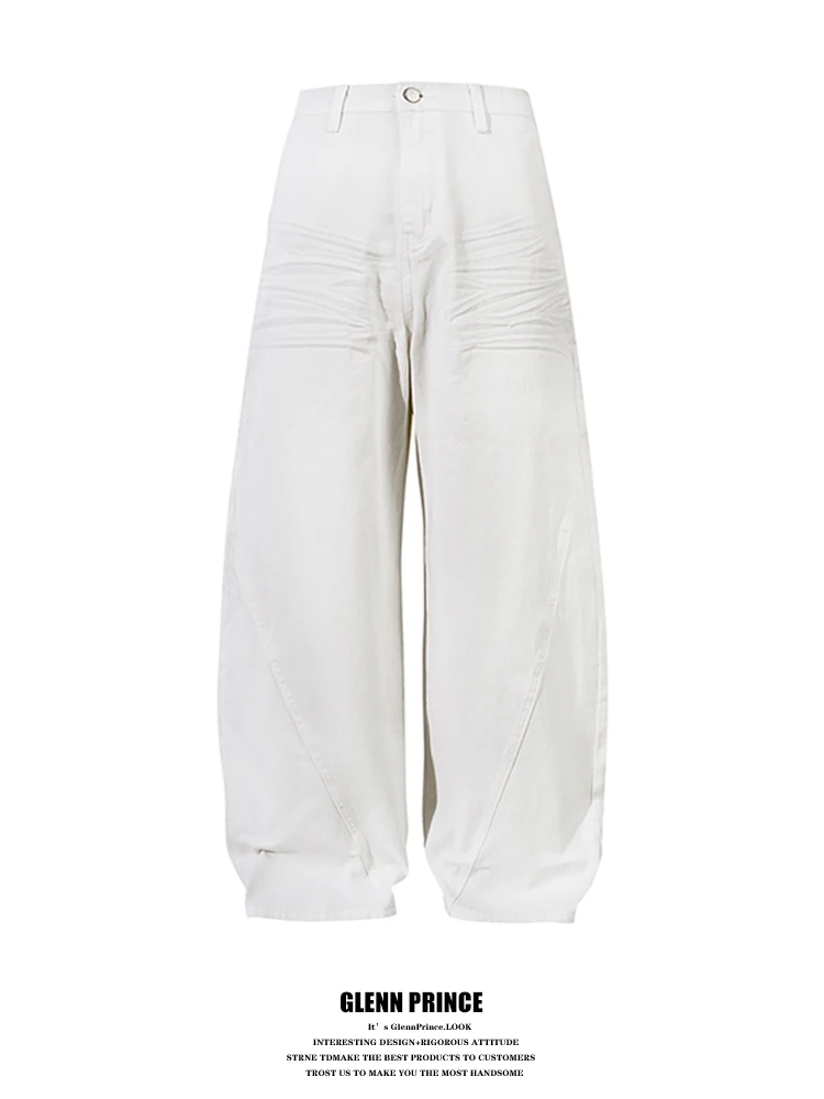 

Мужские джинсы в американском ретро-стиле, белые, из денима, модный дизайн, свободные, длинные, с 3D-плиссировкой, из дышащего хлопка, прямые штанины