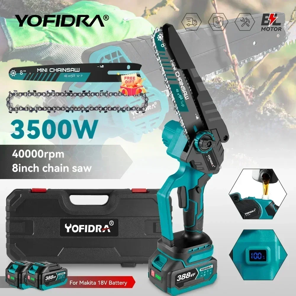 Yofidra motosierra eléctrica sin escobillas, herramienta de poda de jardín, recargable, inalámbrica, para carpintería, batería Makita de 18V, 8