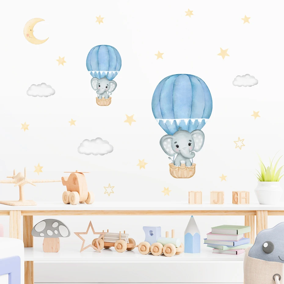 Cartoon Elephant Hot Air Balloon Moon Wall Decals Watercolor Nursery Vinyl Wall Sticker Removable Kids Boy Girls Room Home Decor