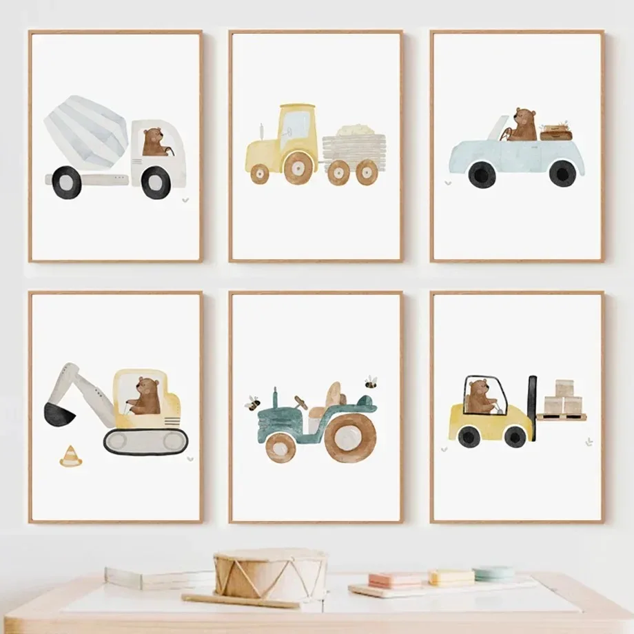 Nursery Children's Cartoon Bear Forklift Excavator Car Mud Truck Wall Art Minimalist Canvas Painting Posters for Home Decor