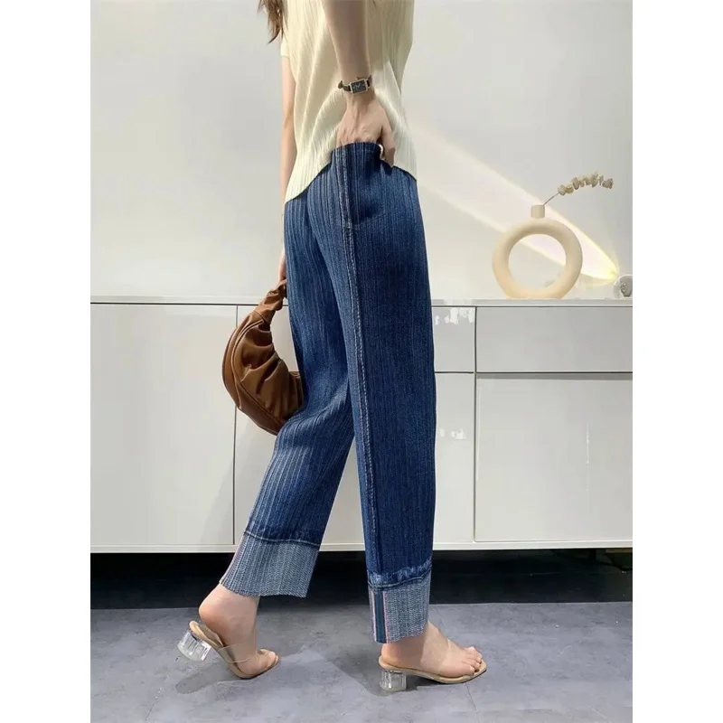 Miyake Pleated Denim Suit 2022 Spring Summer New Short Sleeves Short Coat High Waist Casual Pants Fashion Two-Piece Suit Women