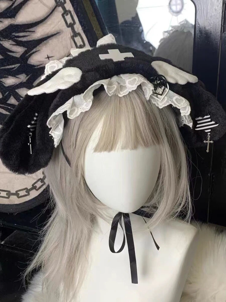 Women Japanese Harajuku Lolita Hat Gothic Kawaii Rabbit Ear Hair Band Cap Fluffy Chic Knitted Female Bucket Hats Y2k Aesthetic