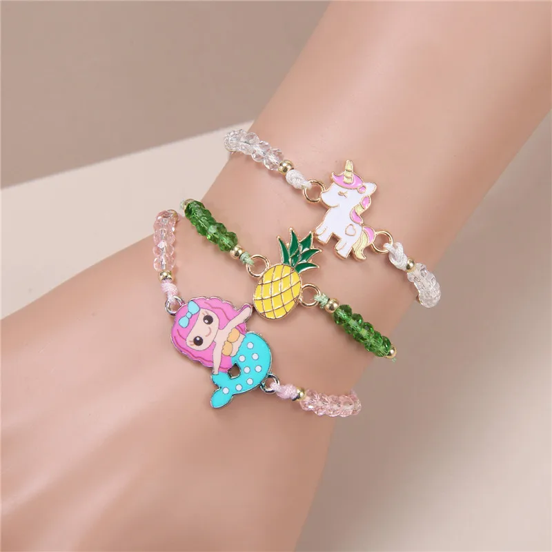 12Pcs/set Enamel Rainbow Unicorn Crystal Beaded Woven Bracelet Set Mermaid Adjustable Color Rope Chain Women Child Jewelry Gift