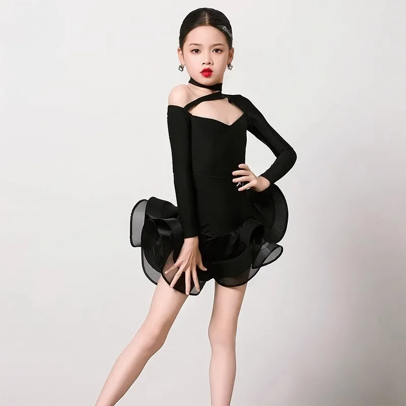

customized Latin dance dress practice costume for girls performance set professional competition group long sleeve black skirt