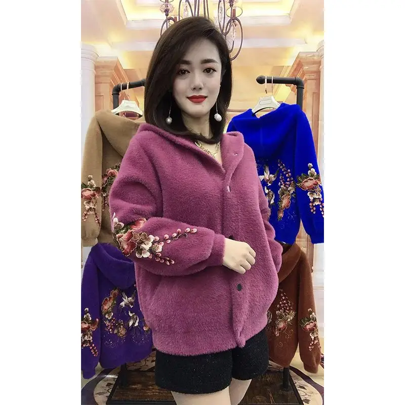 Autumn Winter New Imitation Mink Velvet Women Hooded Embroidered Wool Thick Coat Loose Casual Fashion Knitted Sweater U862