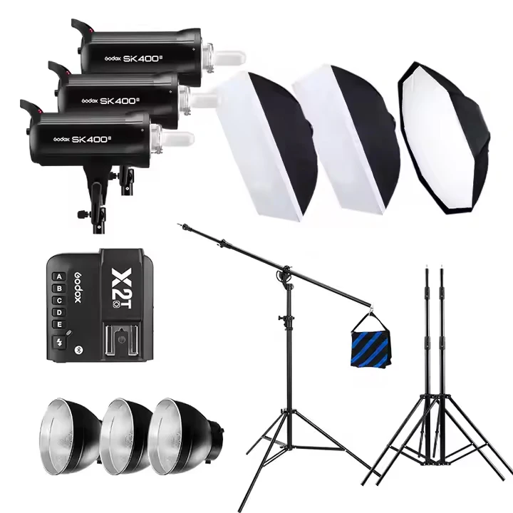 Godox SK400II 400W*3 Professional Studio Flash Lighting Kit Plastic Softbox Stand Remote Control Portable for Portrait Video