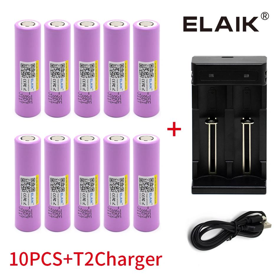 ELAIK 18650-35E 3.7V 3500mAh High-Discharge Power Battery with Charger for Mobile Power Station Flashlight And Electric Tools