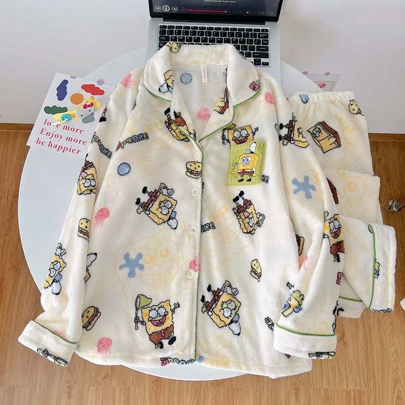 2026 Cartoon SpongeBob Pajamas Coral Velvet Sleepwear for Men and Women Warm Sweet Home Clothes Long Sleeve Set Girl's Gift Toys
