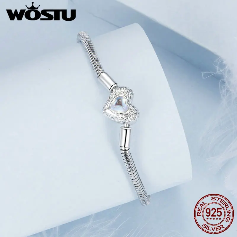 

WOSTU 100% 925 Sterling Silver Heart Guardian Basic Bracelet Fit DIY Charm Bangle For Women Silver 925 Jewelry FNB163