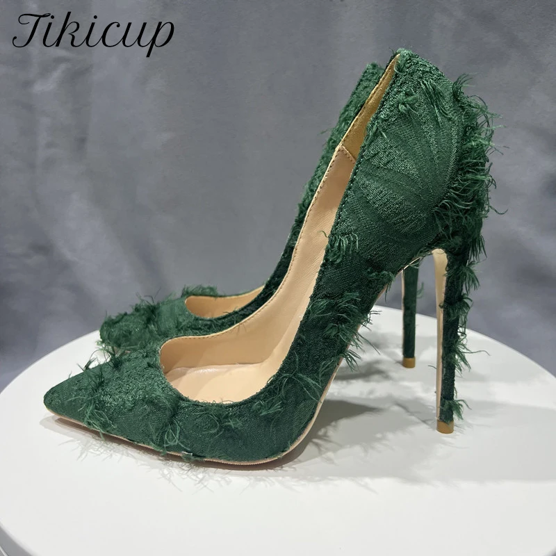 Tikicup Green Tassel Distressed Fabric Stiletto tacchi alti Designer Chic Ladies Sexy Pumps scarpe eleganti con punta a punta Plus Size33-46