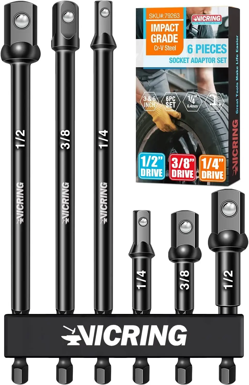 

Impact Socket Adapter Set - 1/4, 3/8, 1/2 Drive Socket Adapter for Drill & Impact Wrench (6 Pcs, 3' & 6')