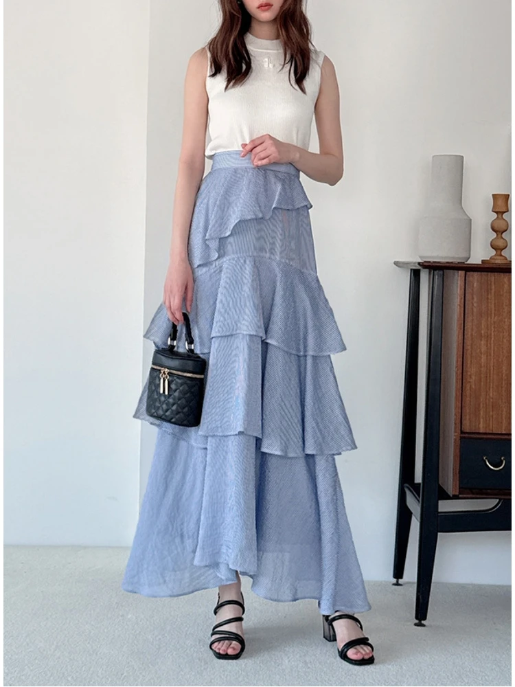 Sweet Japanese Sle Long Plaid Skirt High Waist Elastic Waist Asymmetrical Hemline Girl's Faion Daily A-Line Skirt