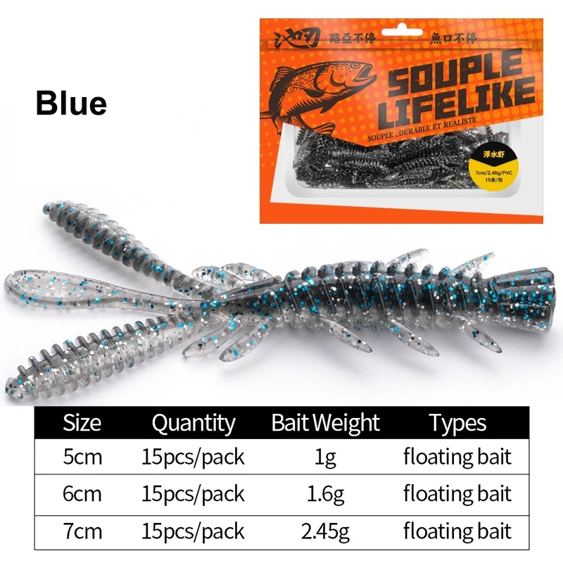 15-teiliges Set Schwimmende Garnelen-Softköder für Drop-Shot-Angeln, Bass, Mandarin-Fisch, Angelwurm-Set, Süßwasser-Angelausrüstung, Sortiertes Set