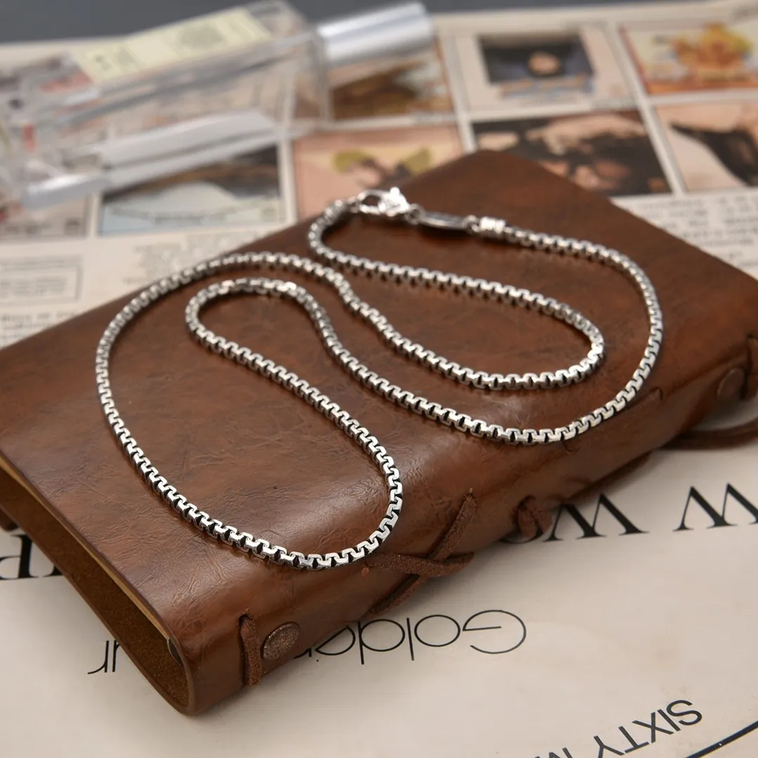 

S925 silver niche retro Thai silver box shaped necklace for men and women, trendy brand Japanese and Korean collarbone chain