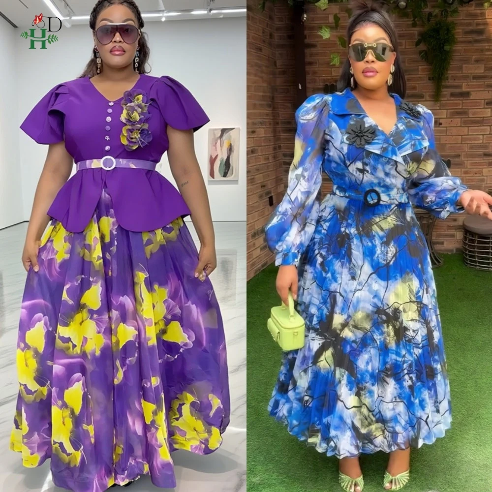 

2025 New Dashiki Fashion Belted Maxi Dinner Party Dress Vintage Printed Casual Vestidos Robe African Women's Summer Turkey Dress