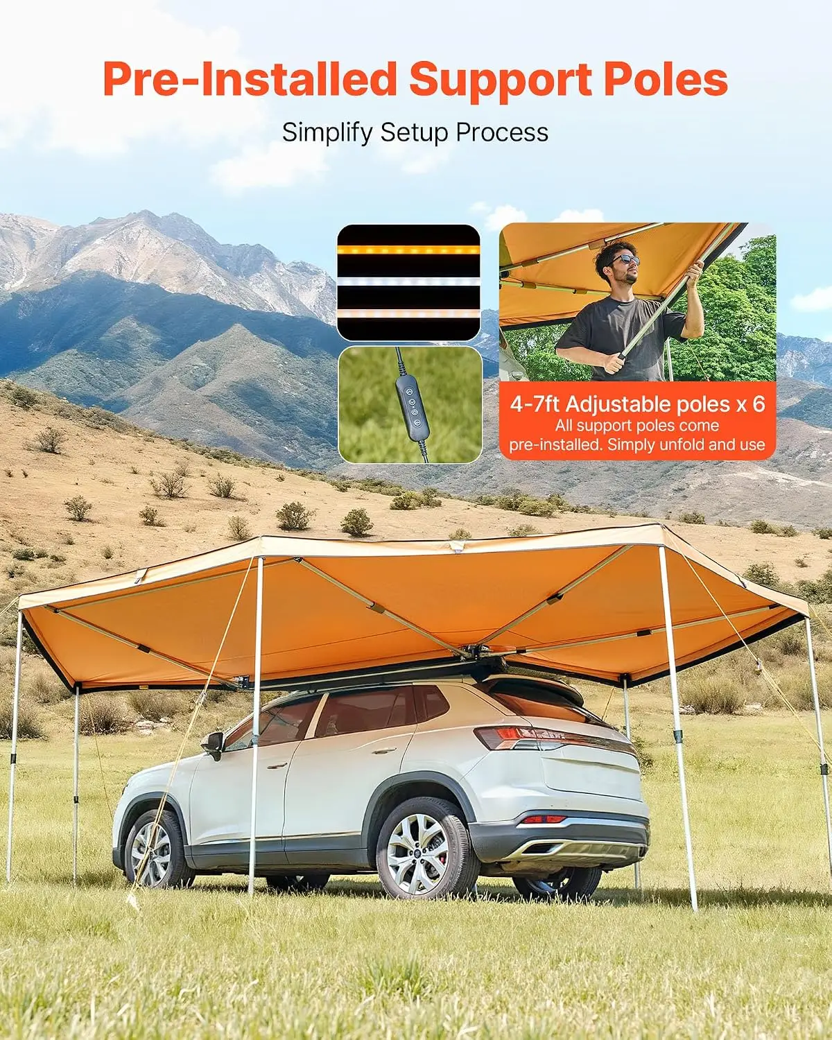 270 Degree Awning with Bulit-in LED Light 3 Colors, 117 sq.ft Driver Side Vehicle Awning, UV50+ Waterproof Car Side Awnings, All