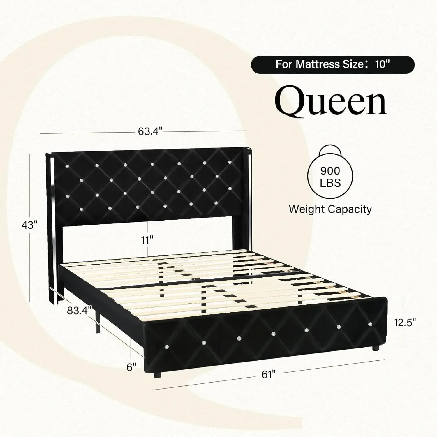 Queen Size Bed Frame with Headboard Black Velvet Upholstered Wingback Diamond Headboard Wood Slat Support No Box Spring Needed