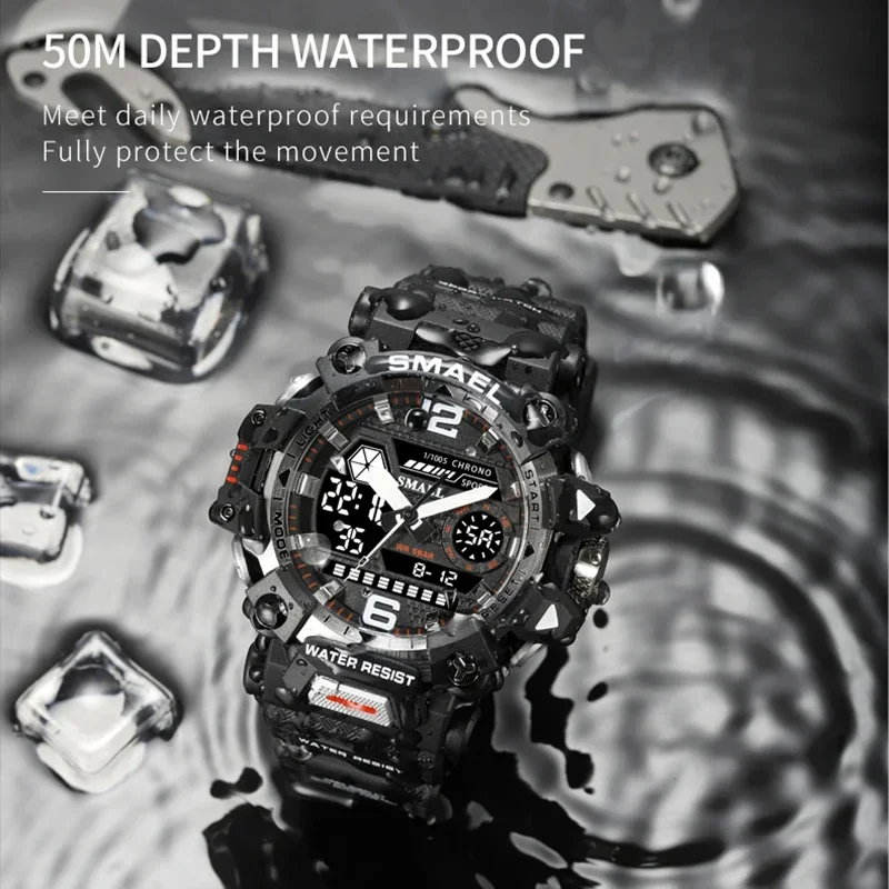 SMAEL 8072 50m Waterproof Sports Watch Military Man Sports Watch Digital Dual Display Watch Quartz Led Digital Men Watches