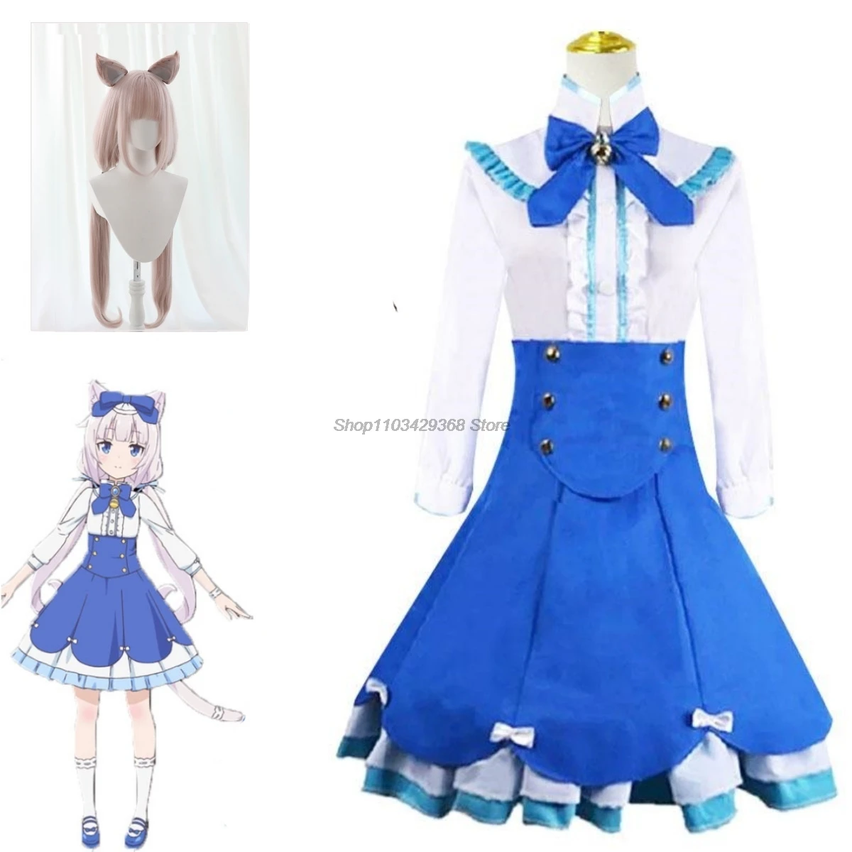 Costume cosplay alla vaniglia Parrucca rosa Anime Nekopara Cat Girls Women Lolita Dress Uniforme sexy Set di abiti blu per feste di Halloween
