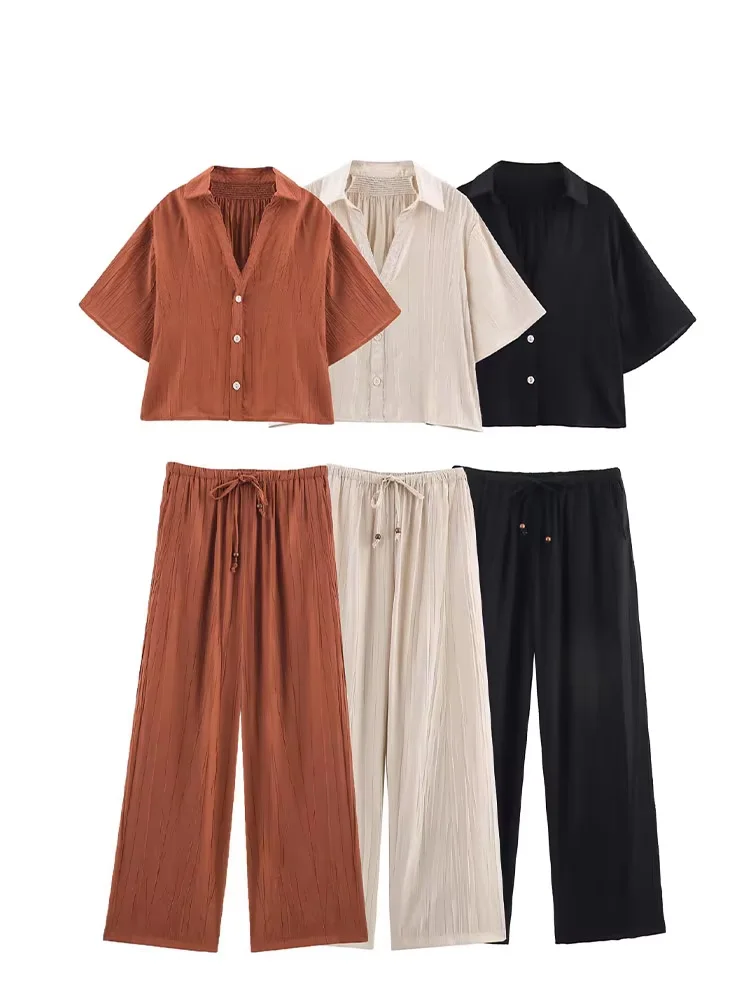 Hh feminino verão moda terno turn-down colarinho manga curta camisas single-breasted + cintura elástica calças de perna larga conjuntos femininos