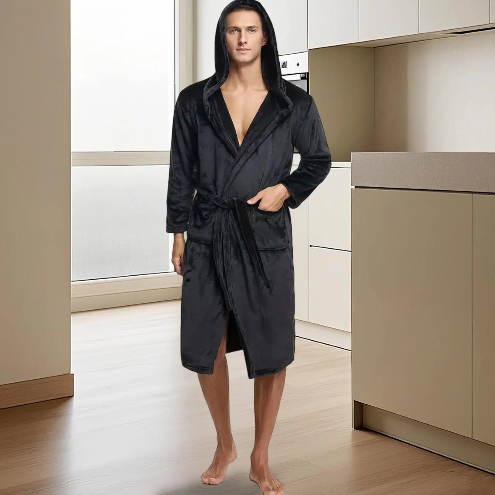 Jubah Mandi Berkerudung Bulu Halus Pria, Lembut Hangat, Jubah Mandi Panjang dengan Kantong, Jubah Mandi Spa yang Nyaman