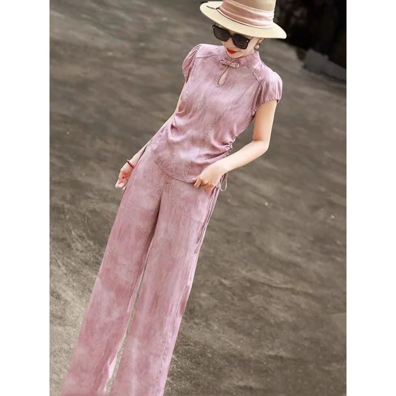 

Women's New Chinese Style Retro Two Piece Set Mandarin Collar Frog Button Drawstring Wide Leg Pants Outfit