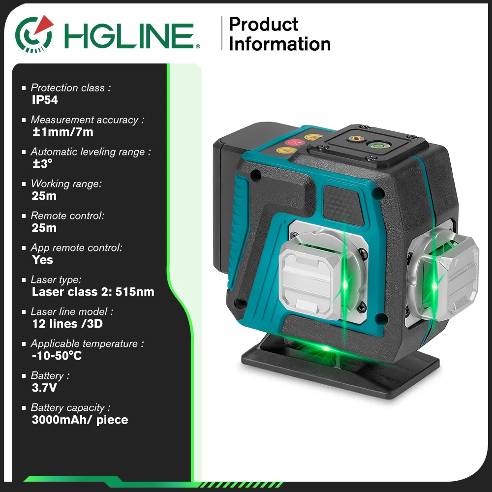 HGLINE 3D Laser Level 12 Lines Mini leveling Tool Power Display Automatic 360℃ Horizontal And Vertical Cross Laser Machine