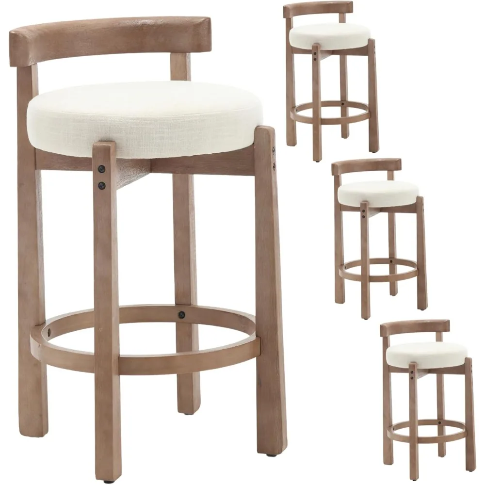 

Mid Century Linen Counter Stools Set of 4, Upholstered 26.5” Seat Height Low Barstools with Natural Wood Legs Round Low