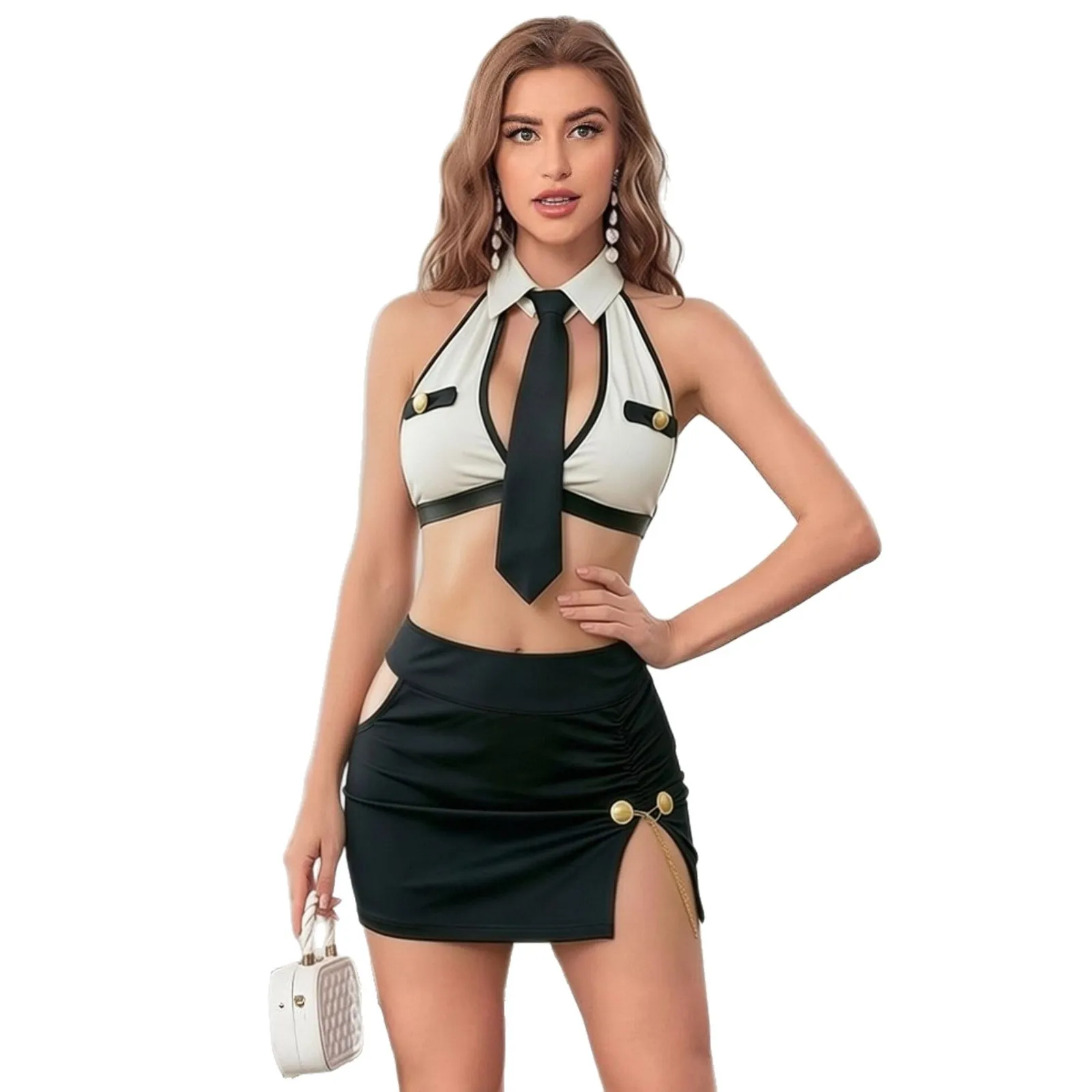 Preppy Sailor Suit Contrast Lace-up Bow Stripe Crop Top Pleat Mini Skirt Sexy Erotic Lingerie Set Women Cosplay Student Youthful