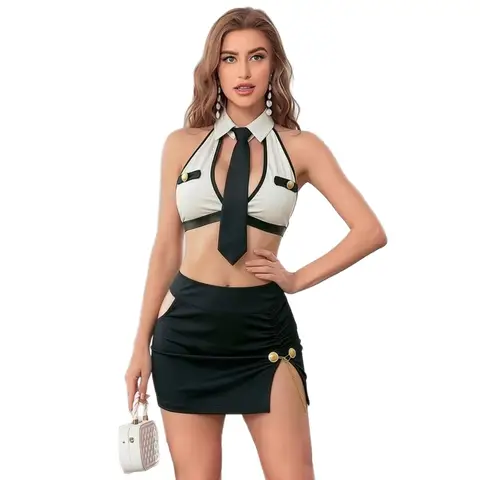 Preppy Sailor Suit Contrast Lace-up Bow Stripe Crop Top Pleat Mini Skirt Sexy Erotic Lingerie Set Women Cosplay Student Youthful