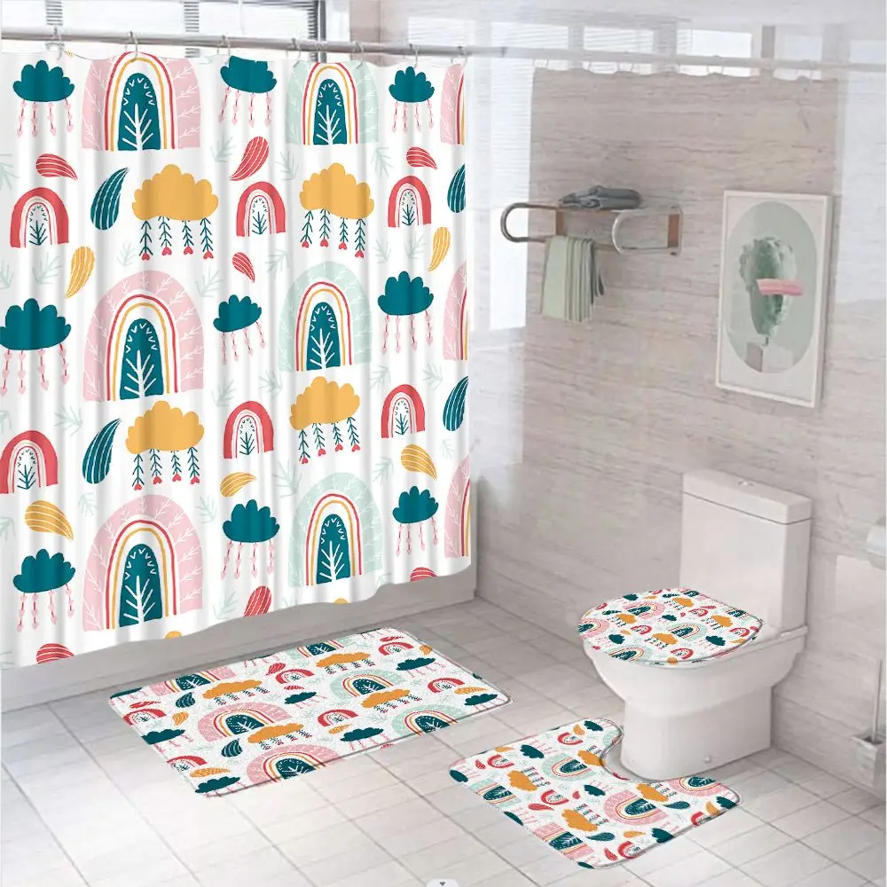 

Colorful Rainbow Shower Curtain Set Abstract Cloud Rain Art Bathroom Curtains Screen Non-Slip Bath Mat Pedestal Rug Toilet Cover