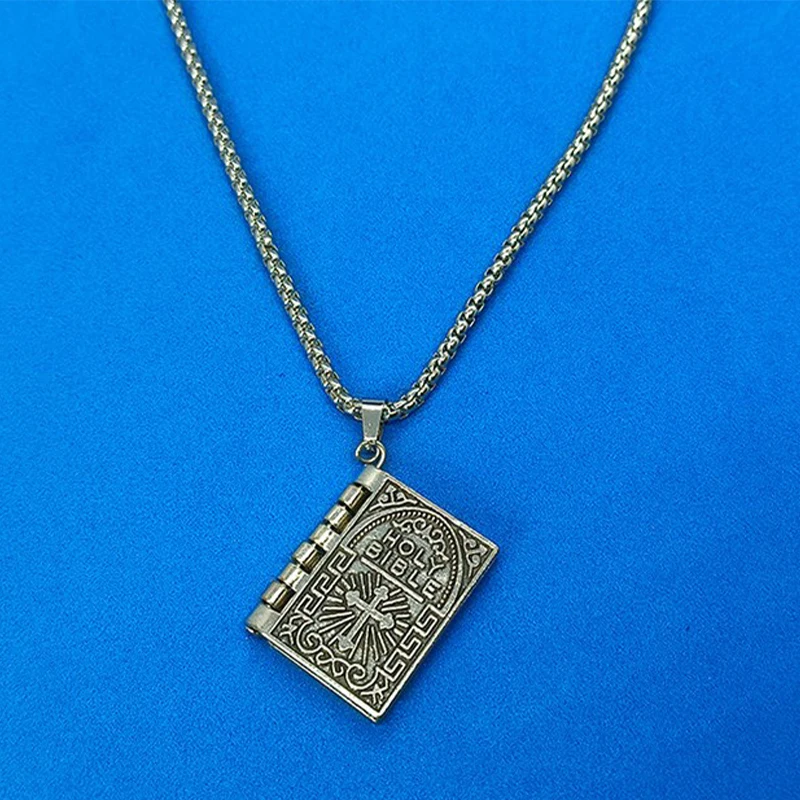 Vintage Bible Pendant Necklace Metal Page Flip HolyBible Necklace Religious Snake Bone Chain Charm Gothic Jewelry