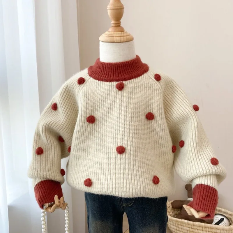 

Korean trendy color-block sweater for girls this autumn and winter!Turtleneck with pom-poms,thick knit, stylish and comfortable
