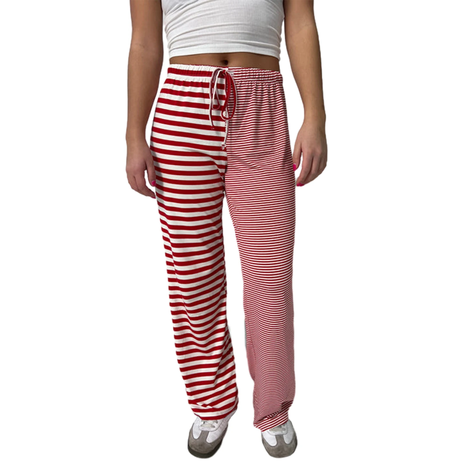 

Summer Patchwork Bottoms Sweatpants Women's Striped Pants Drawstring Mid Elastic Waist Fit Trousers