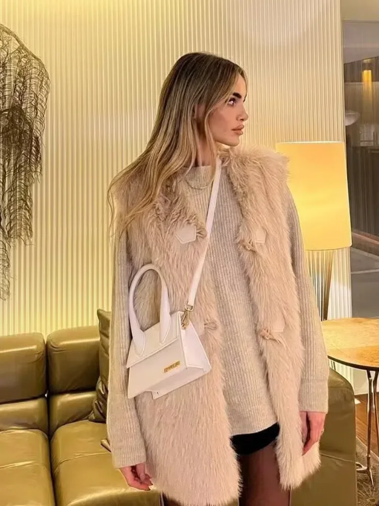 

Women Casual V Neck Sleeveless Pocket Fluffy Waistcoat Winter Daily Chic Highstreet Vests Fashion Single Breasted Faux Fur Vest