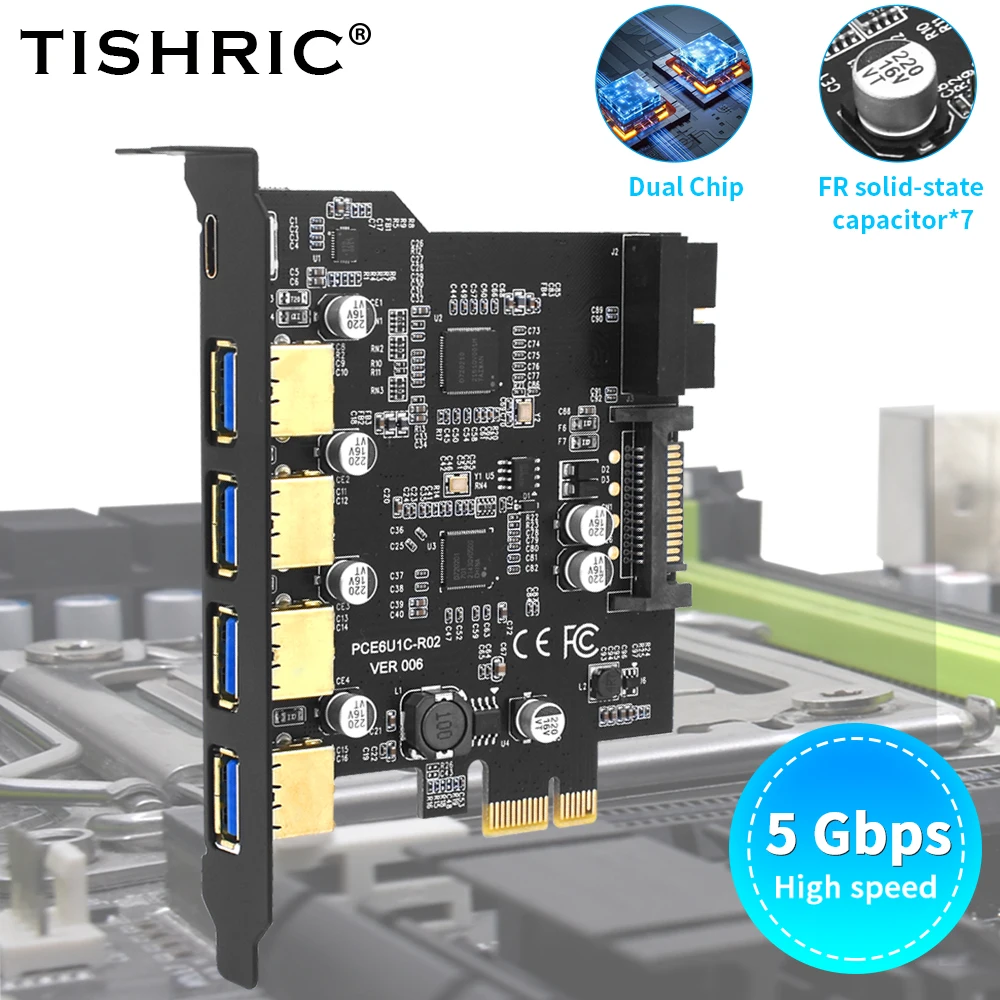 

TISHRIC PCIE 1X To USB 3.2 Gen1 Type C Expansion Card PCI Express Adapter Multiplier PCIE USB3 3.1 Controller Riser Card Hub