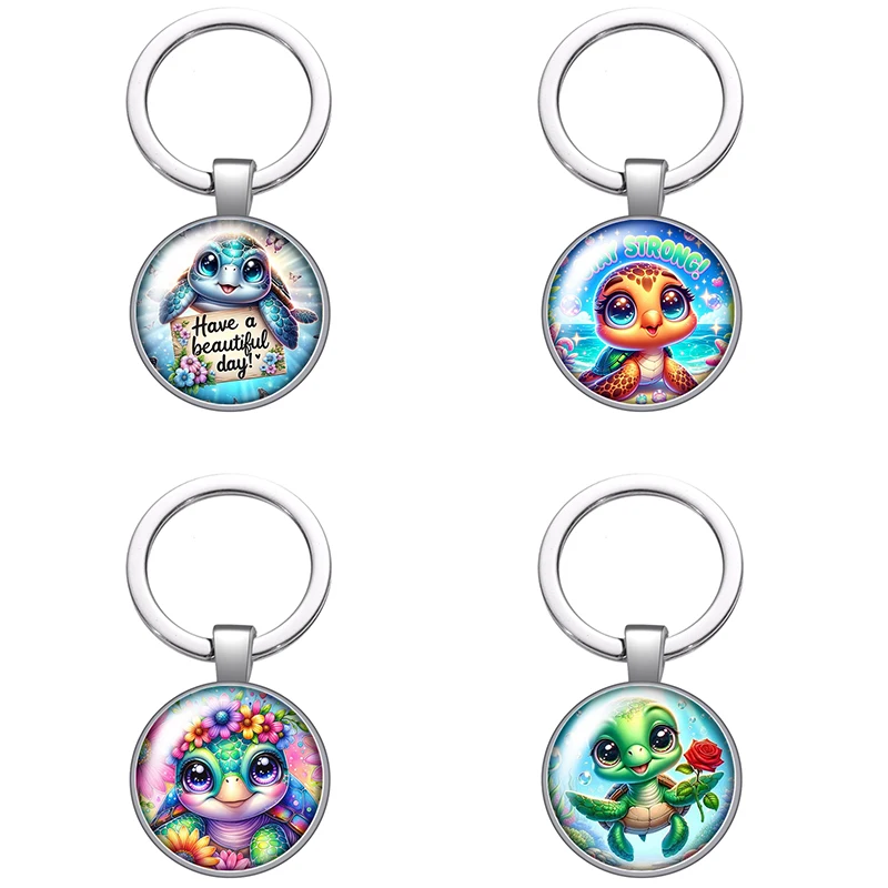 Llavero de cristal con cabujón de tortuga marina de dibujos animados, tortuga bebé, rosa, encantador, para bolso, coche, soporte de llaves, regalo