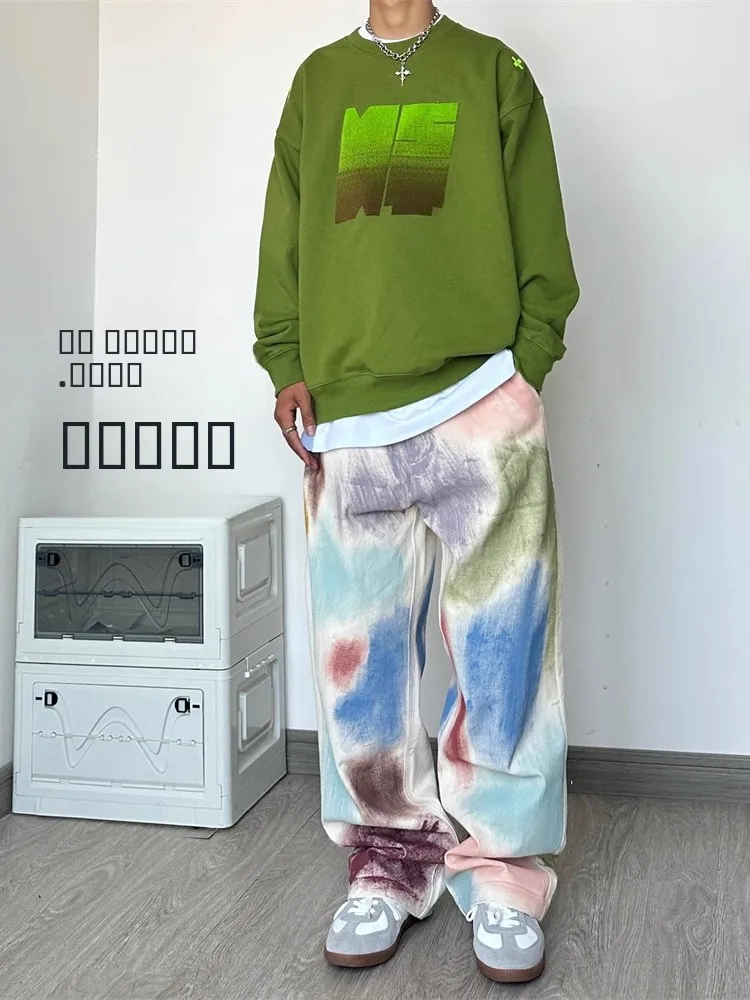 

Мужские джинсы ручной росписи, весна-осень, в стиле хип-хоп, прямого кроя, прочные, с эффектом потертости, окрашенные