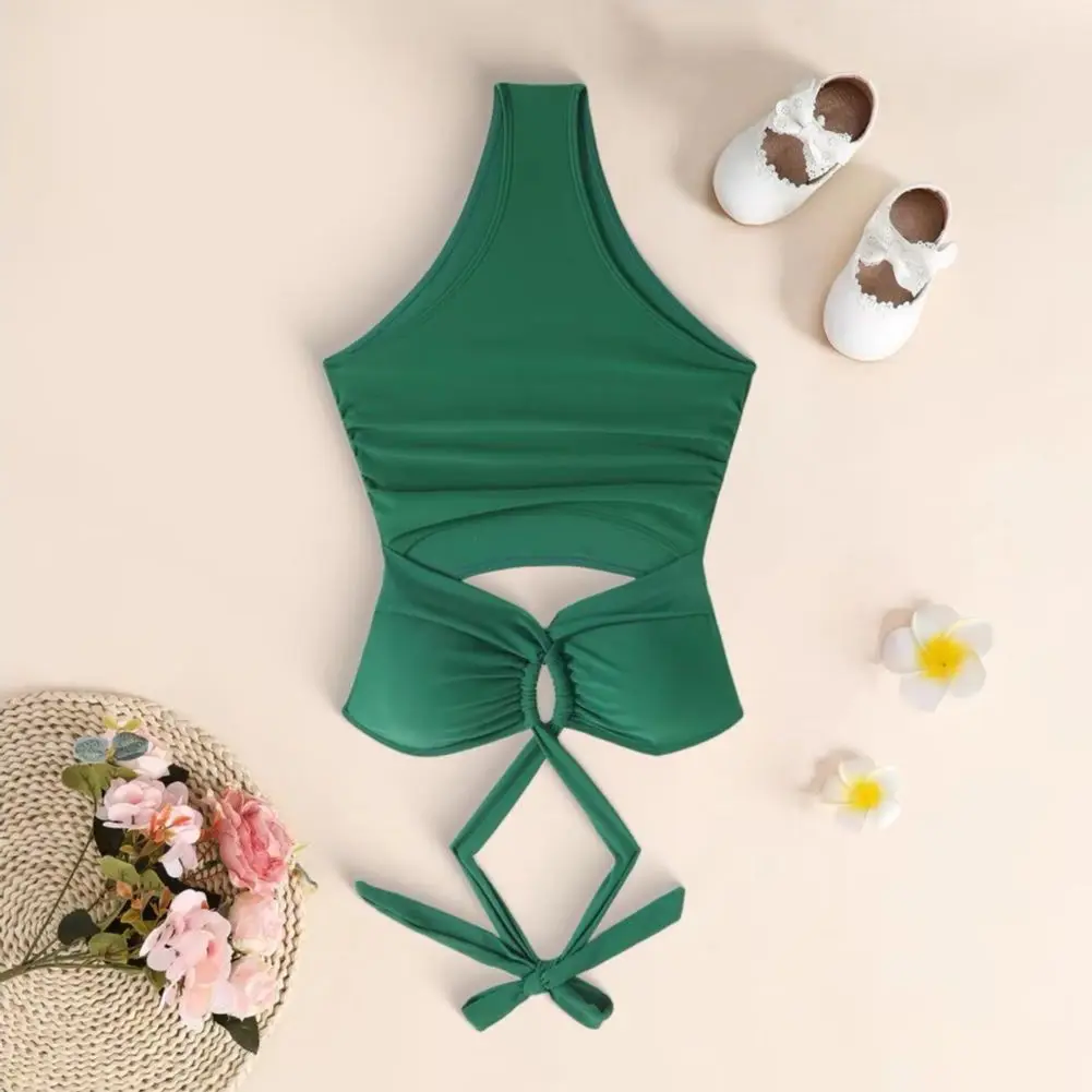 Women Tummy Control Swimsuit Monokini Padded Underwire Solid Color Halter One-Piece Bikini with Hollow Design Beach Vacation Swi