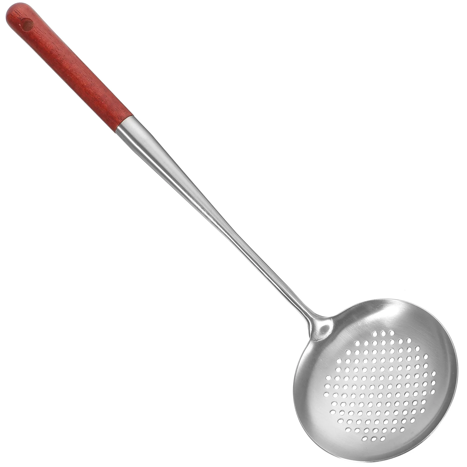 

1pc Extended Wooden Handle Soup Strainer Spoon Multi-use Oil Filter Colander Smooth Surface Kitchen Tool Stainless Steel Wood