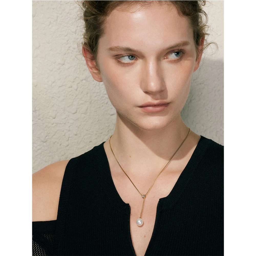 Yhpup Korean Style Stainless Steel Zirconia Chest Chain Drop Imitation Pearl Chic Fashion Necklace for Women Elegant Jewelry