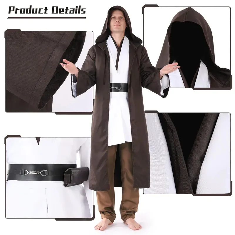 

CyP-jsmen Halloween Tunic Costume Set Cosplay Outfit Jedi Knight Brown White Hooded Cloak Robe Uniform For Unisex High Quality